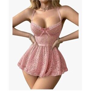 Sexy Lingerie Lace Trim Sleep Dress Mesh Baby Doll Lingerie Chemise Thong